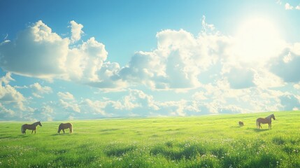 Fototapeta premium Tranquil Scene of Grazing Horses in a Vast Green Meadow