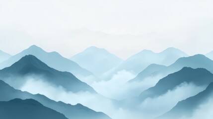 Obraz premium Serene mountain landscape with fog and clouds enveloping peaks in soft morning light