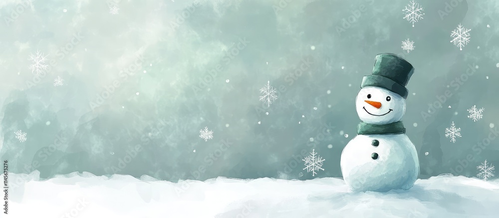 Poster snowman in a snowy landscape surrounded by snowflakes with ample blank space for text or overlay in 