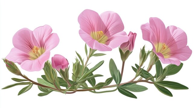 Pink Evening Primrose Blooms with Green Leaves on a White Background Symbolizing Beauty and Nature in Floral Design