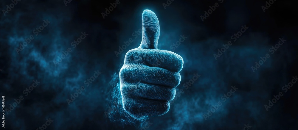Poster virtual fingerprint scanning concept with thumbs up gesture representing biometric identity and adva