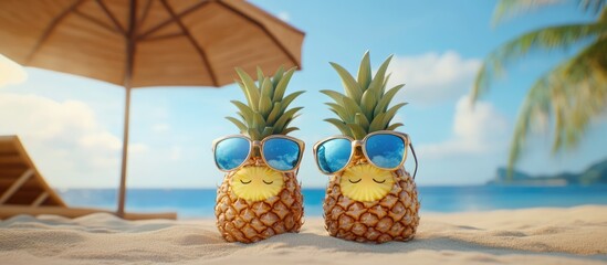 Obraz premium Adorable pineapples in stylish sunglasses on sandy beach promoting tropical summer vacation vibes with sea and umbrella in background