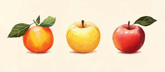 Colorful assortment of organic autumn apples featuring vibrant red, yellow, and orange varieties with green leaves on a light background.