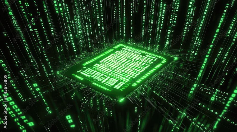 Poster a glowing digital microchip surrounded by holographic binary code streams, symbolizing advanced digi