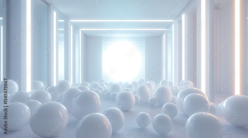 Poster abstract white spheres in a minimalist illuminated room creating a serene and spacious atmosphere wi