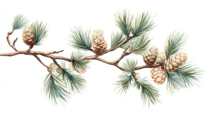 Pine branch adorned with vibrant young cones and lush green needles on a white background