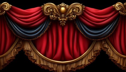 Elegant Red And Blue Stage Curtains With Gold Accents