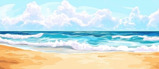 Tranquil sandy beach with soft ocean waves and serene sky perfect for summer relaxation and vacation vibes