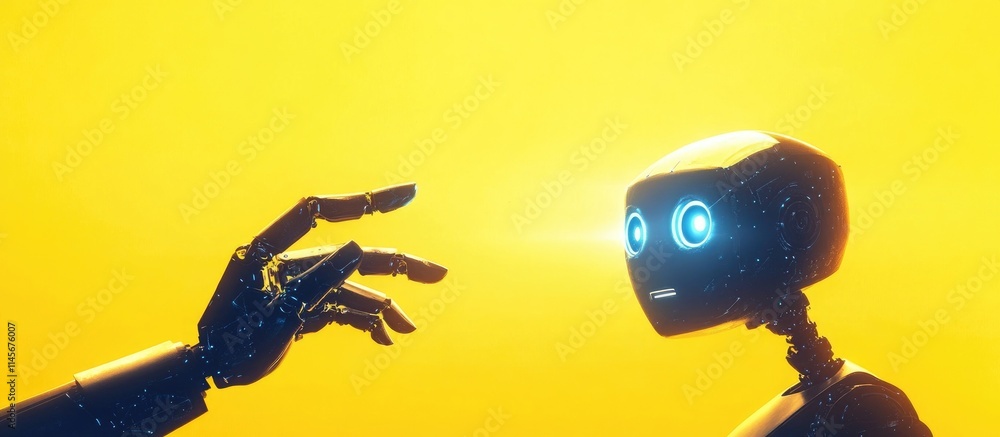 Poster engaging with ai technology in business showcasing collaboration between human and intelligent robot