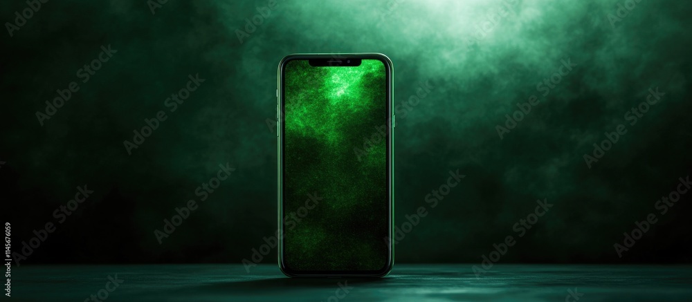 Poster cellphone with green screen on a dark atmospheric background for design mockup showcasing digital te