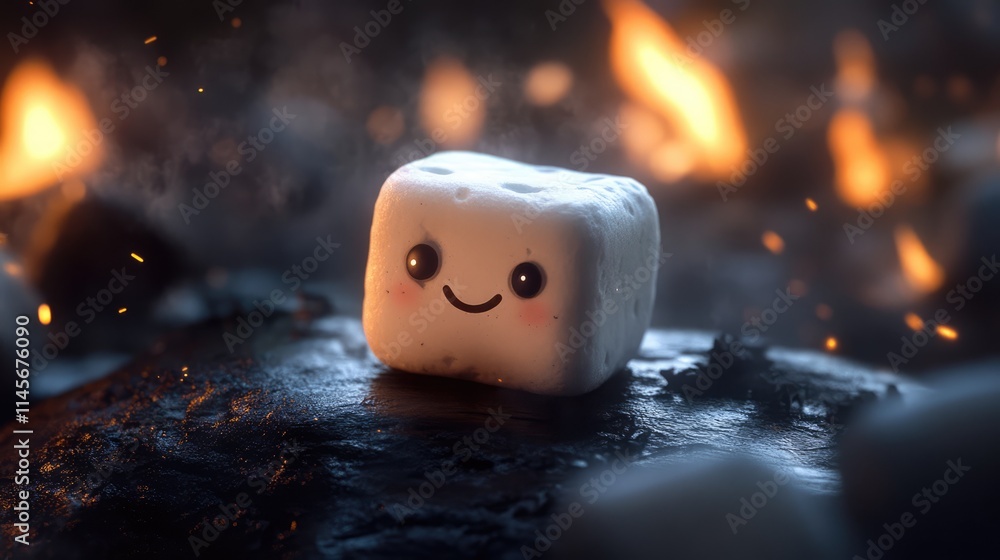 Poster cute cartoon marshmallow character with a smiling face on a dark, fiery background creating a whimsi