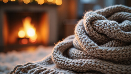 Cozy knitted blanket draped near a warm fireplace during the winter evening