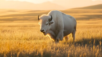 White Bison Standing in Golden Grassland at Sunset