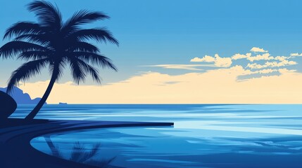 Obraz premium Serene silhouette of palm tree by tranquil beach and luxury pool under a blue sunset sky with gentle sea waves in the background.