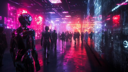 Obraz premium Futuristic City Corridor Neon Lights Androids Humans