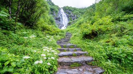 Obraz premium Stone steps leading to a lush waterfall.