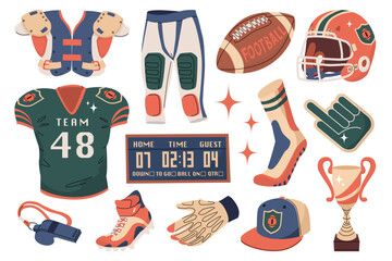 American football attributes. Sportsman suit. Team fan items. Stadium match. Sports equipment. Vector illustration isolated on transparent background.