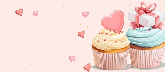 Cupcakes decorated with hearts and a present on a pastel background for celebrations and romantic occasions