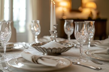 Elegant gourmet dining table set with salt bowl cozy interior fine dinnerware soft lighting refined atmosphere for special occasions