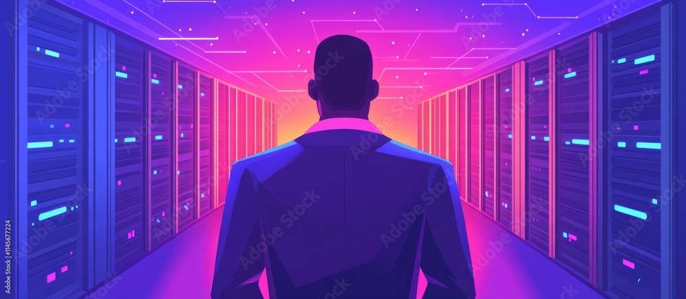 Aufkleber business professional exploring digital networking and cloud storage solutions in a vibrant data cen