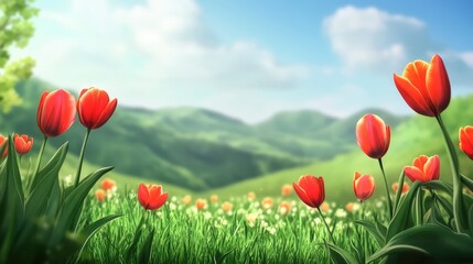 Fototapeta premium vibrant tulip field under a blue sky showcasing red and yellow blooms surrounded by lush green hills and soft clouds in the background