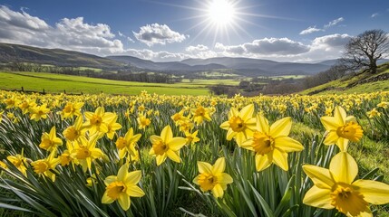 Fototapeta premium Vibrant Meadow with Yellow Daffodils Under Bright Sunlight