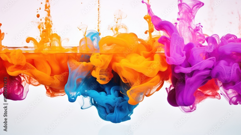Poster vibrant swirls of colorful dye blending in water creating an abstract artistic background against a 