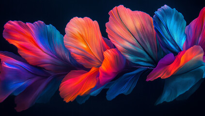 Obraz premium Neon coral reef, vibrant colors, bright feathers, black background, close-up