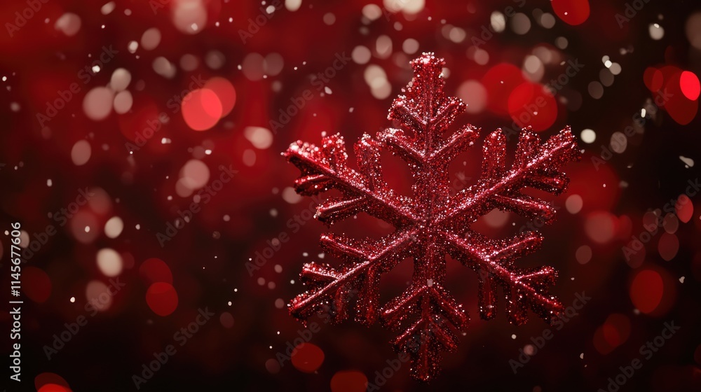 Poster red glittering snowflake ornament on a bokeh background with festive ambiance and ample copy space f