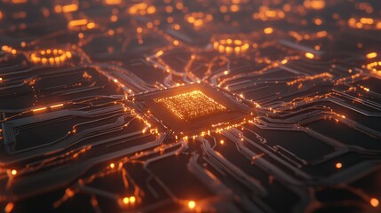 A glowing microchip at the center of an interconnected network of pathways, symbolizing data flow and communication