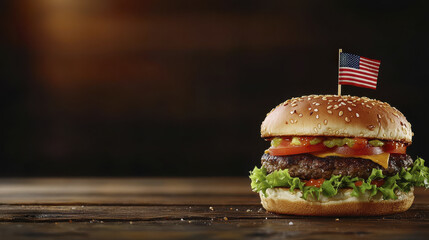 Delicious hamburger with sesame seed bun, lettuce, cheese, and flag