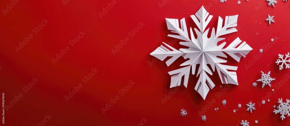 Poster paper snowflake decoration on vibrant red background with blank space for festive text or messages d