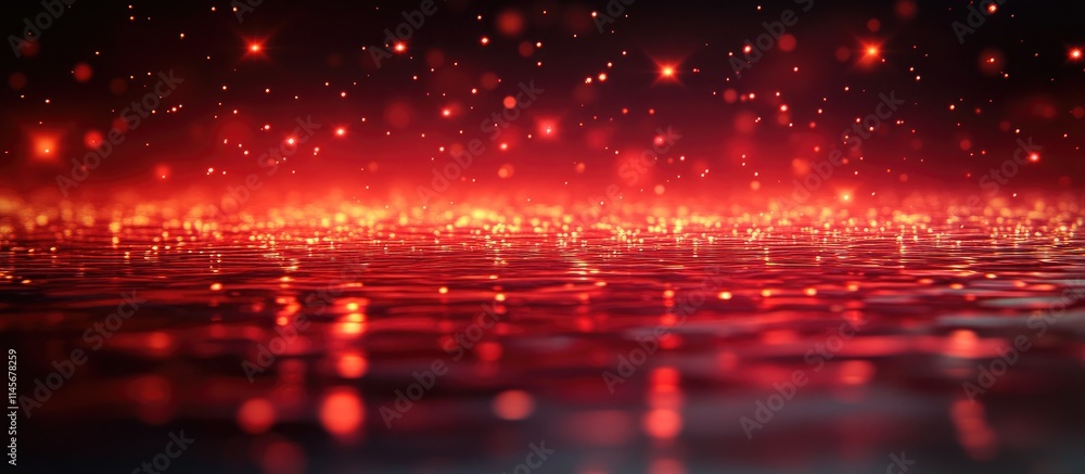 Poster red shimmering stars on a reflective dark red surface creating a mesmerizing abstract background des