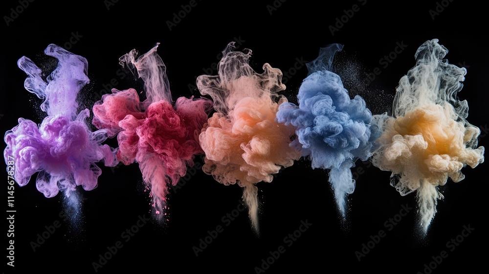Poster colorful dust explosions in freeze motion creating vibrant abstract patterns against a black backgro