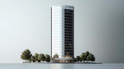 Sleek Modern Skyscraper with Reflective Glass Facade Surrounded by Greenery in Urban Landscape