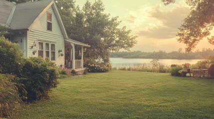 Obraz premium Cozy Farmhouse Lakeside Garden Rural Retreat