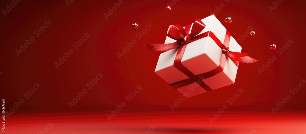 Poster floating gift box with a red ribbon on a vibrant red background creating a festive and joyful atmosp