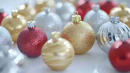 Close-up of glittering red, gold, and silver Christmas ornaments. Festive and sparkly, perfect for holiday cards or websites.