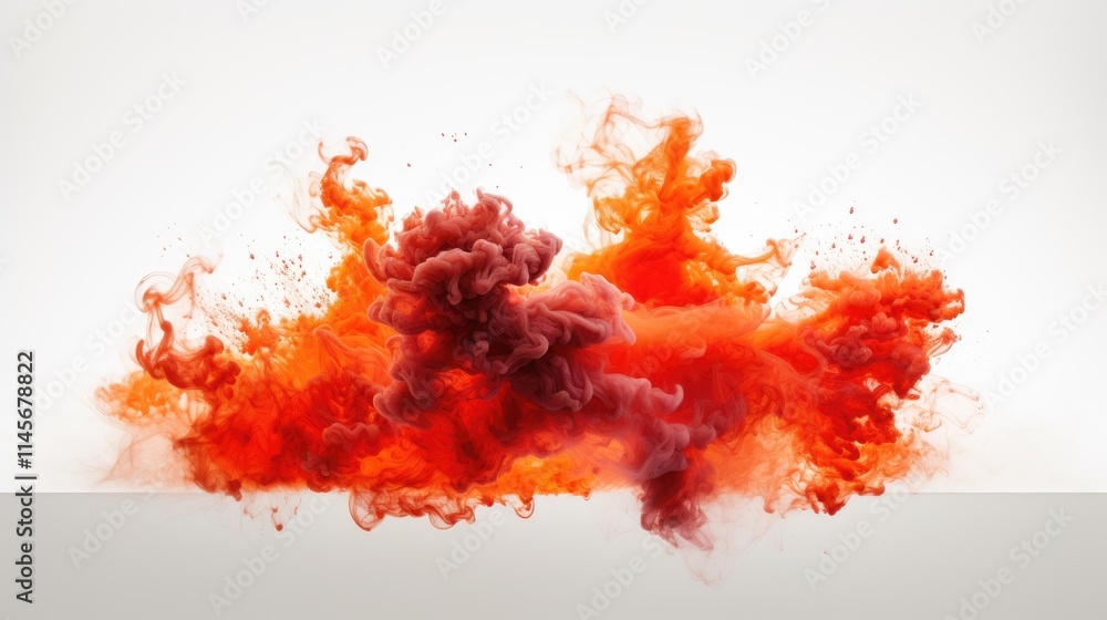 Poster vivid explosion of red smoke and fire creating dynamic visual against a neutral white background for