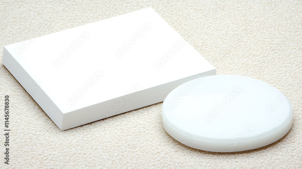 Poster white blank rectangular and round objects on beige textured surface.