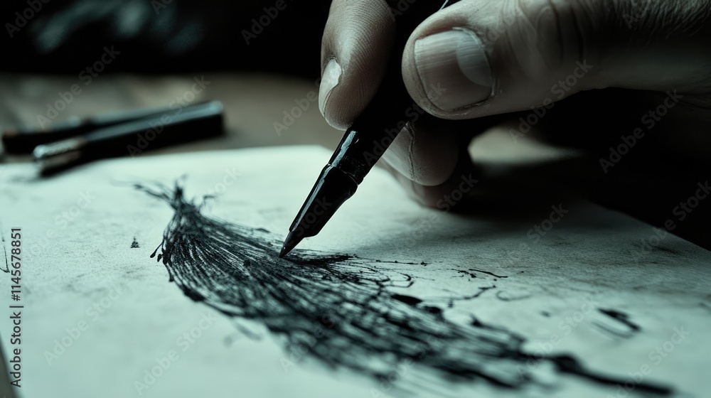 Poster hand holding marker creating abstract sketch on paper representing financial concepts and creativity