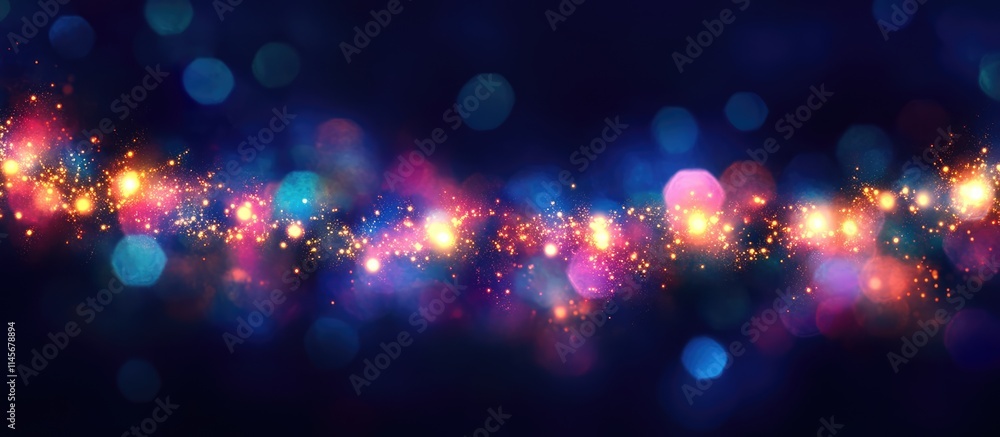 Poster blurred lights of a colorful garland shimmering in a dark background creating a festive and magical 