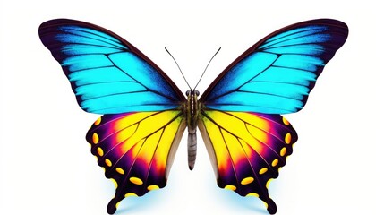 Obraz premium Colorful exotic butterfly with vibrant blue and yellow wings isolated on a clean white background showcasing natural beauty and elegance