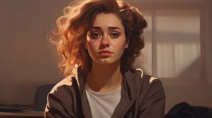 Contemplative young woman in natural light with curly hair expressing emotion and introspection in a minimalist setting