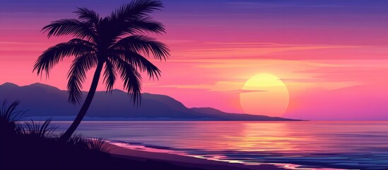 Serene sunset over the beach with silhouette of palm tree creating a tranquil tropical landscape in vibrant colors