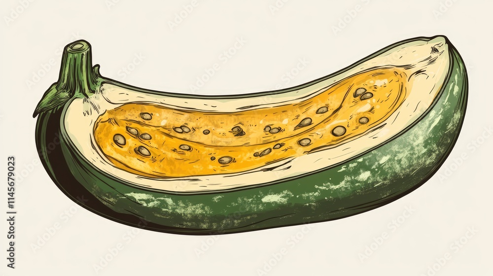 Poster ripe marrow with seeds sliced in half on a neutral background showcasing its vibrant color and textu