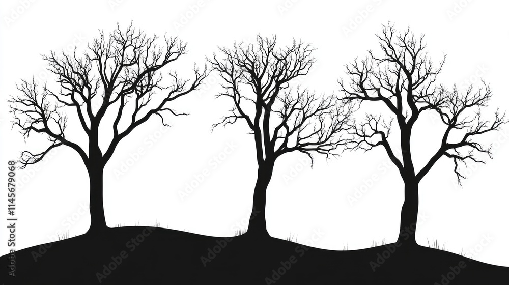 Poster silhouetted bare trees with intricate branches against a stark monochrome background creating a haun