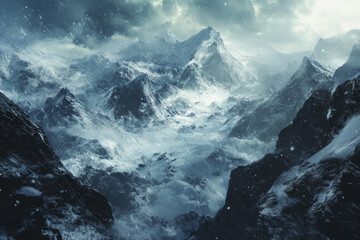 Obraz premium Winter Storm Over Mountain Range Dramatic Overcast