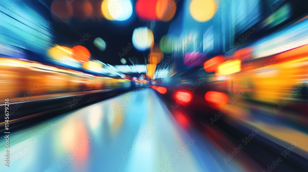 Poster abstract blurred background of a railway platform with colorful lights creating a dynamic and vibran