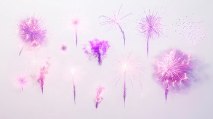 Colorful pink and purple firework display elements for festive celebrations isolated on white background for design and promotional use